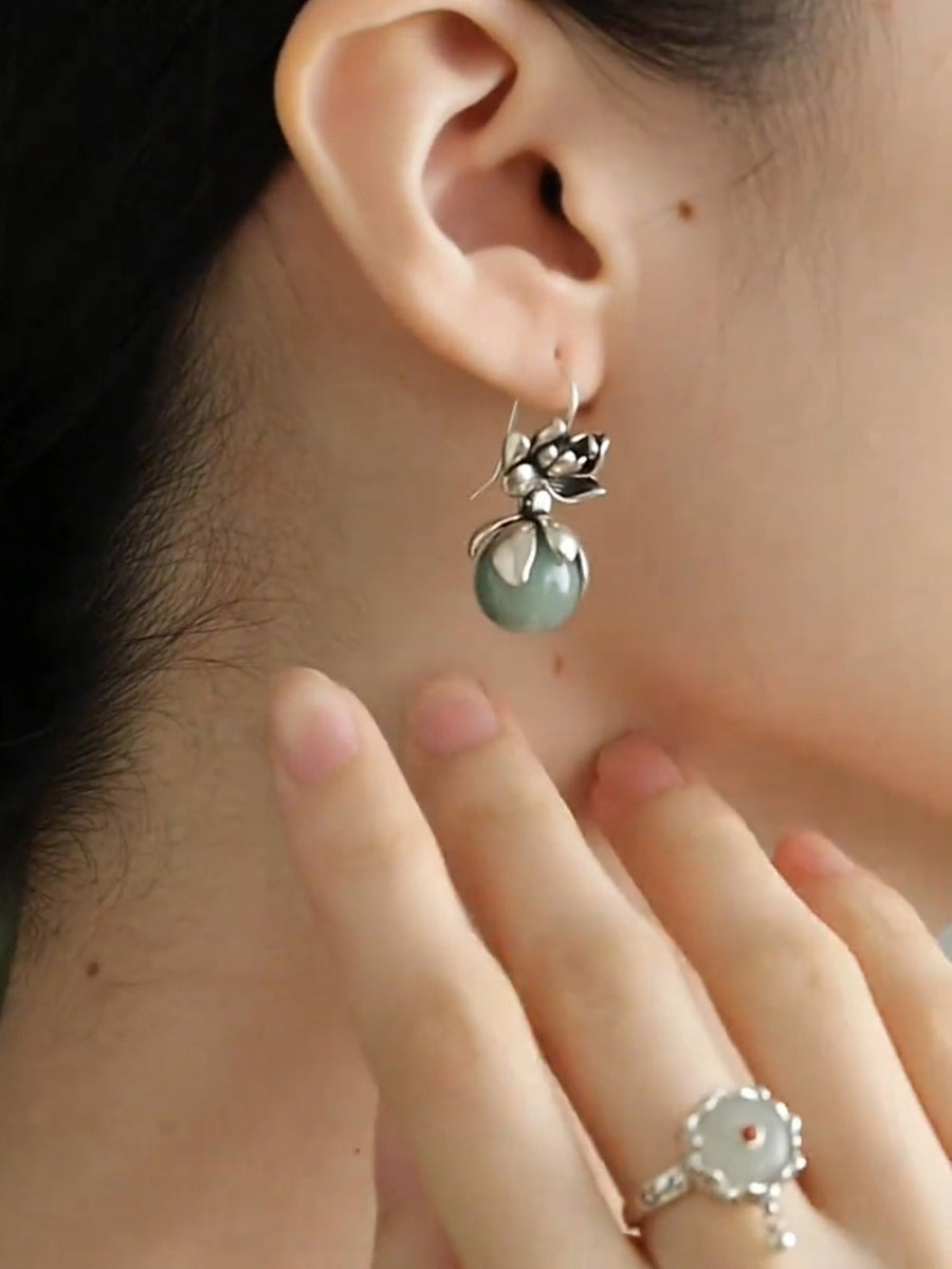 Women Vintage Jade Lotus Alloy Earrings