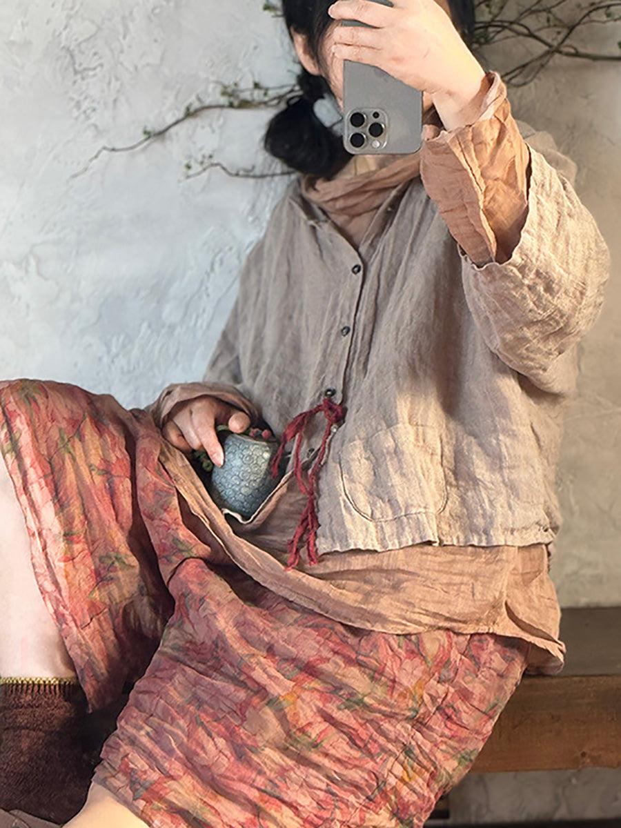 Plus Size Women Summer Vintage Linen Solid Button-up Hooded Shirt