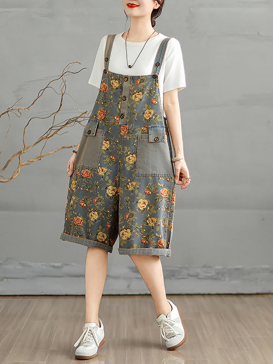 Women Summer Artsy Flower Denim Short Jumpsuits