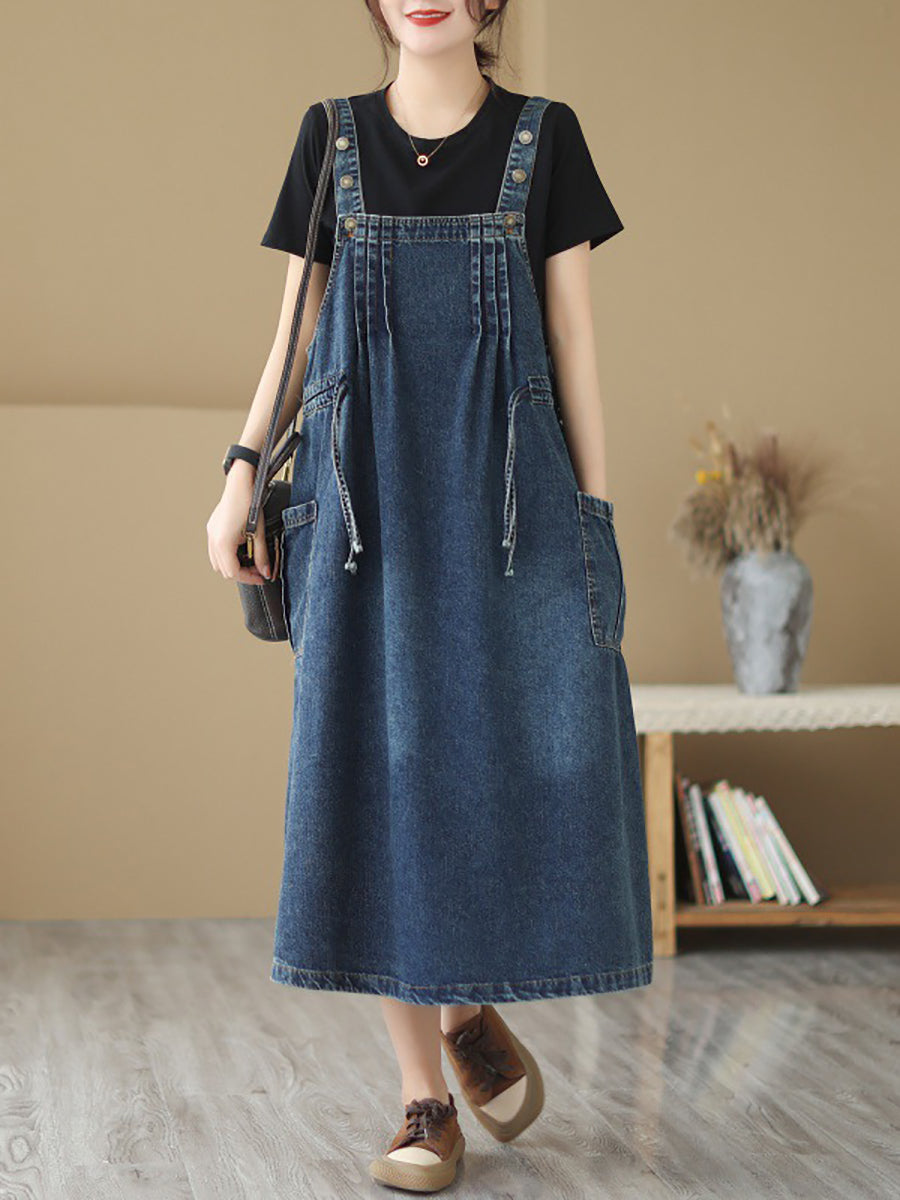 Plus Size Women Summer Retro Pleat Drawstring Pocket Denim Dress