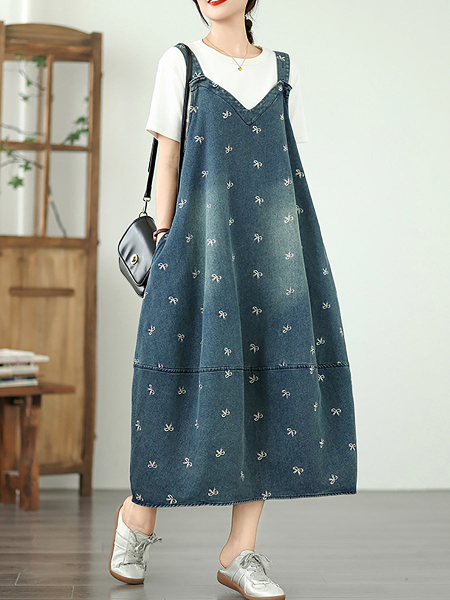 Women Summer Bowknot Embroidery Denim Overall Dress