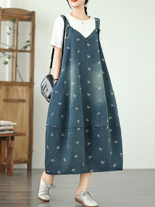 Women Summer Bowknot Embroidery Denim Overall Dress