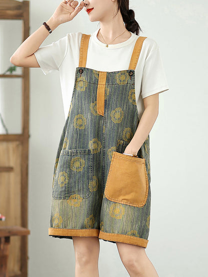 Women Summer Flower Colorblock Denim Short Jumpsuits