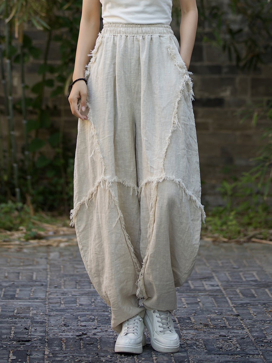 Women Summer Worn Raw-edge Ramie Harem Pants