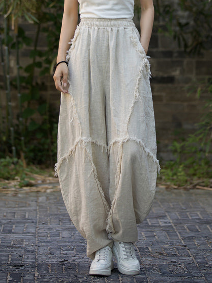 Women Summer Worn Raw-edge Ramie Harem Pants