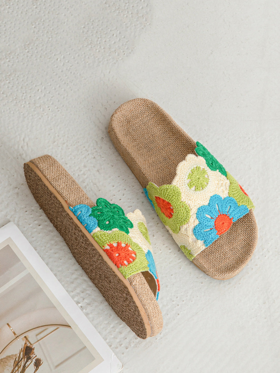 Women Summer Linen Knitted Flower Spliced Slippers