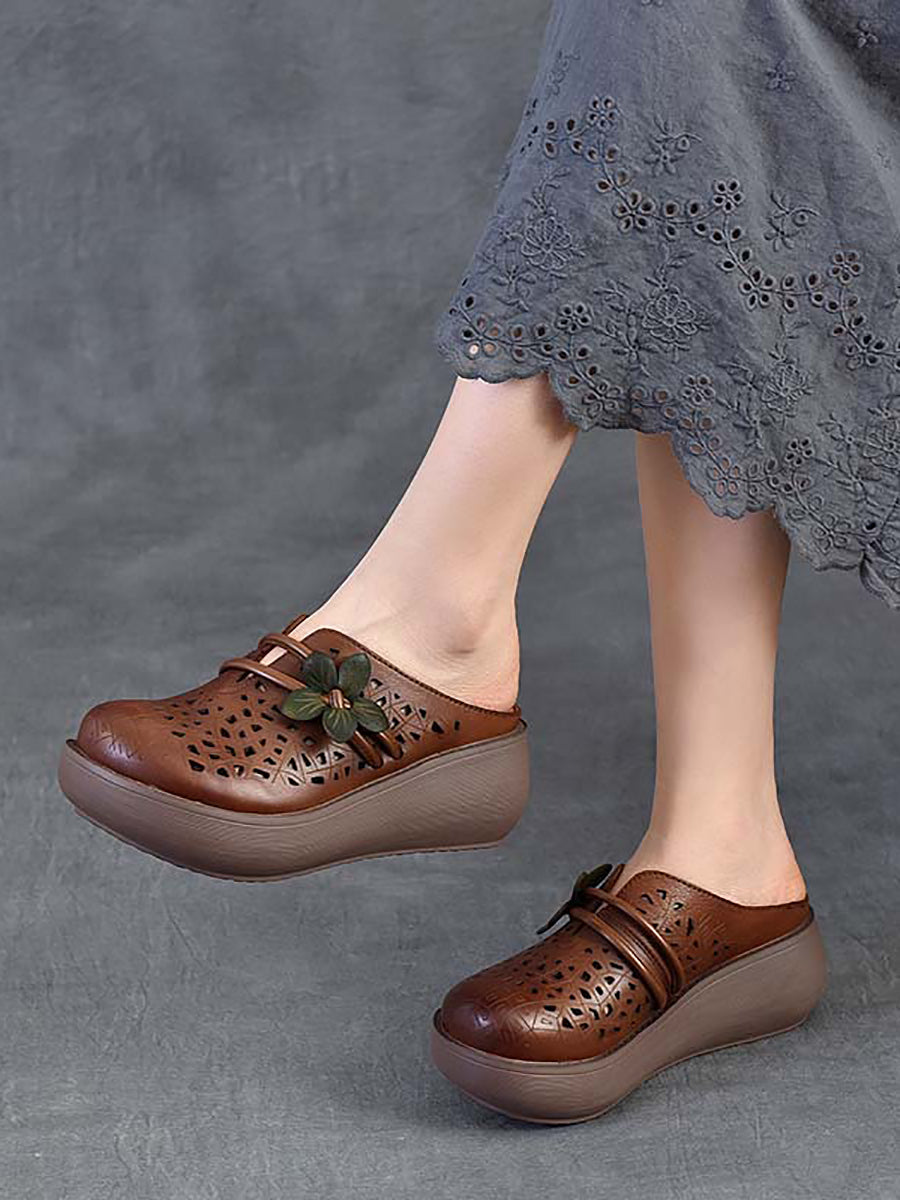 Women Ethnic Leather Flower Hollow Out Platform Slippers