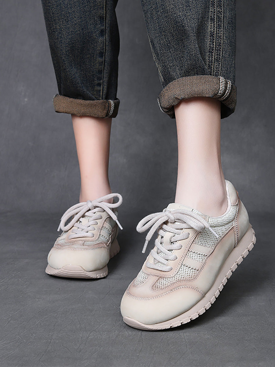 Women Casual Genuine Leather Spliced Flat Sport Shoes