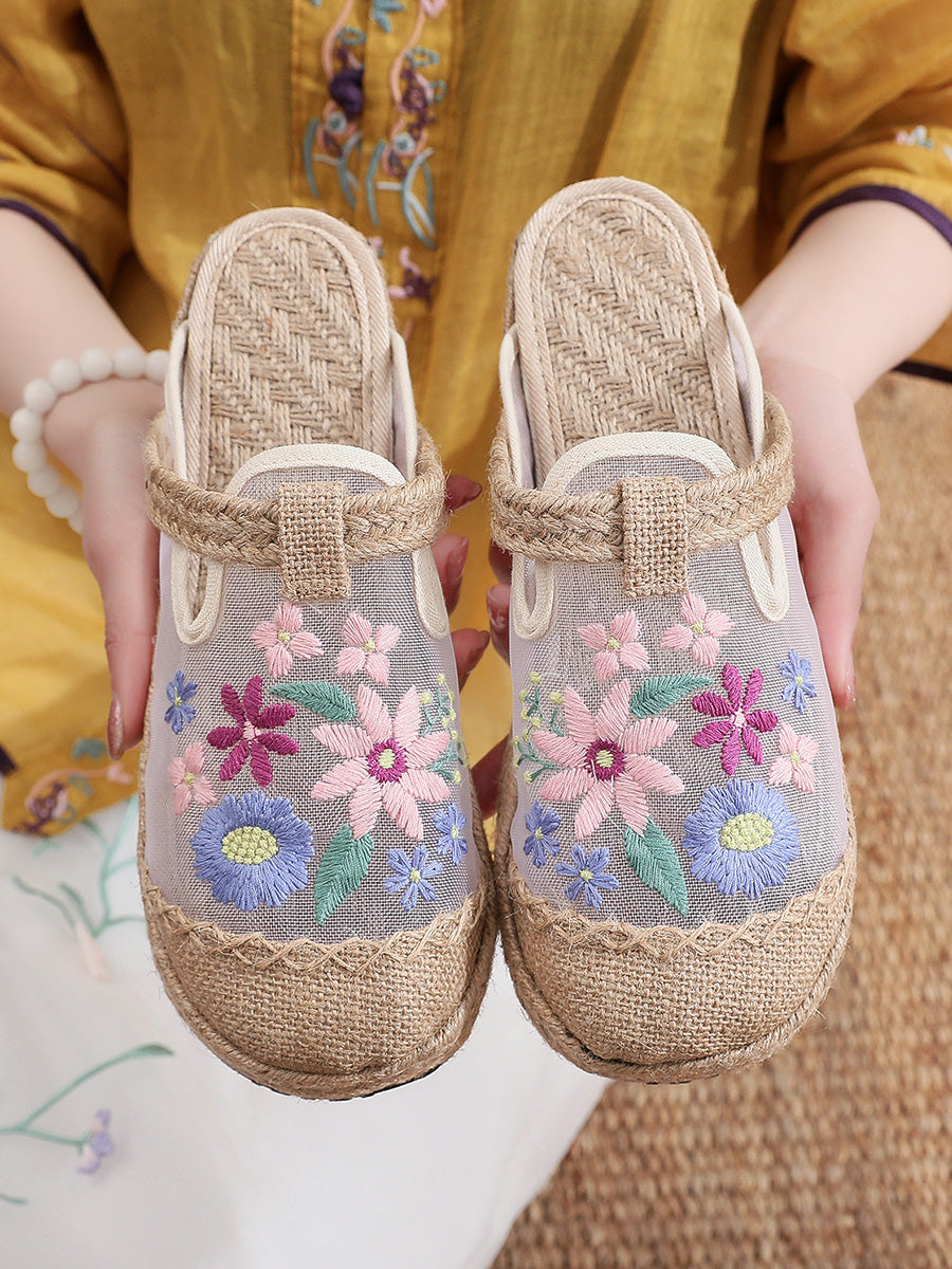 Women Summer Flower Embroidery Slippers