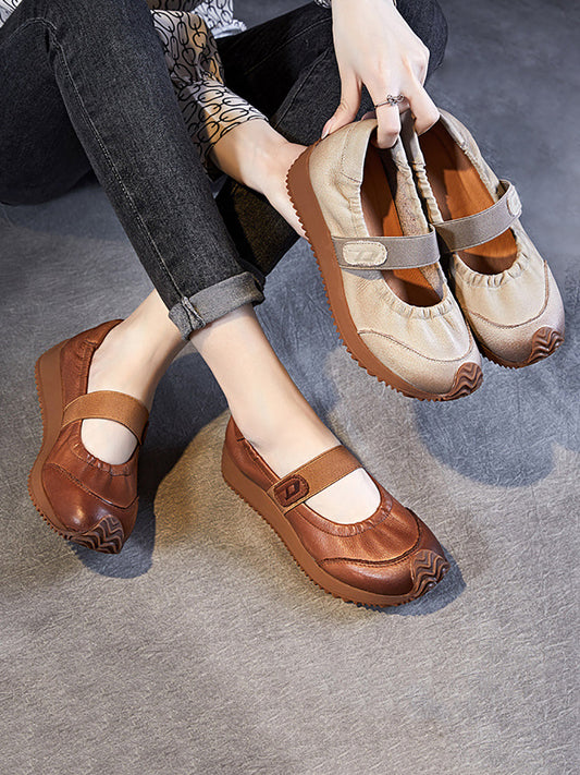 Women Summer Retro Solid Leather Platform Shoes