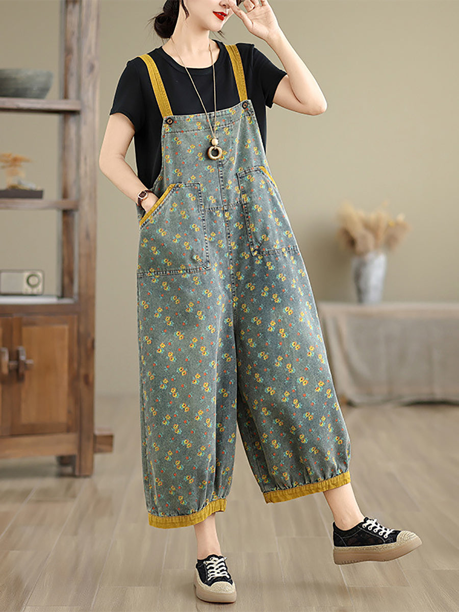 Women Summer Casual Floral Denim Wide-leg Jumpsuits