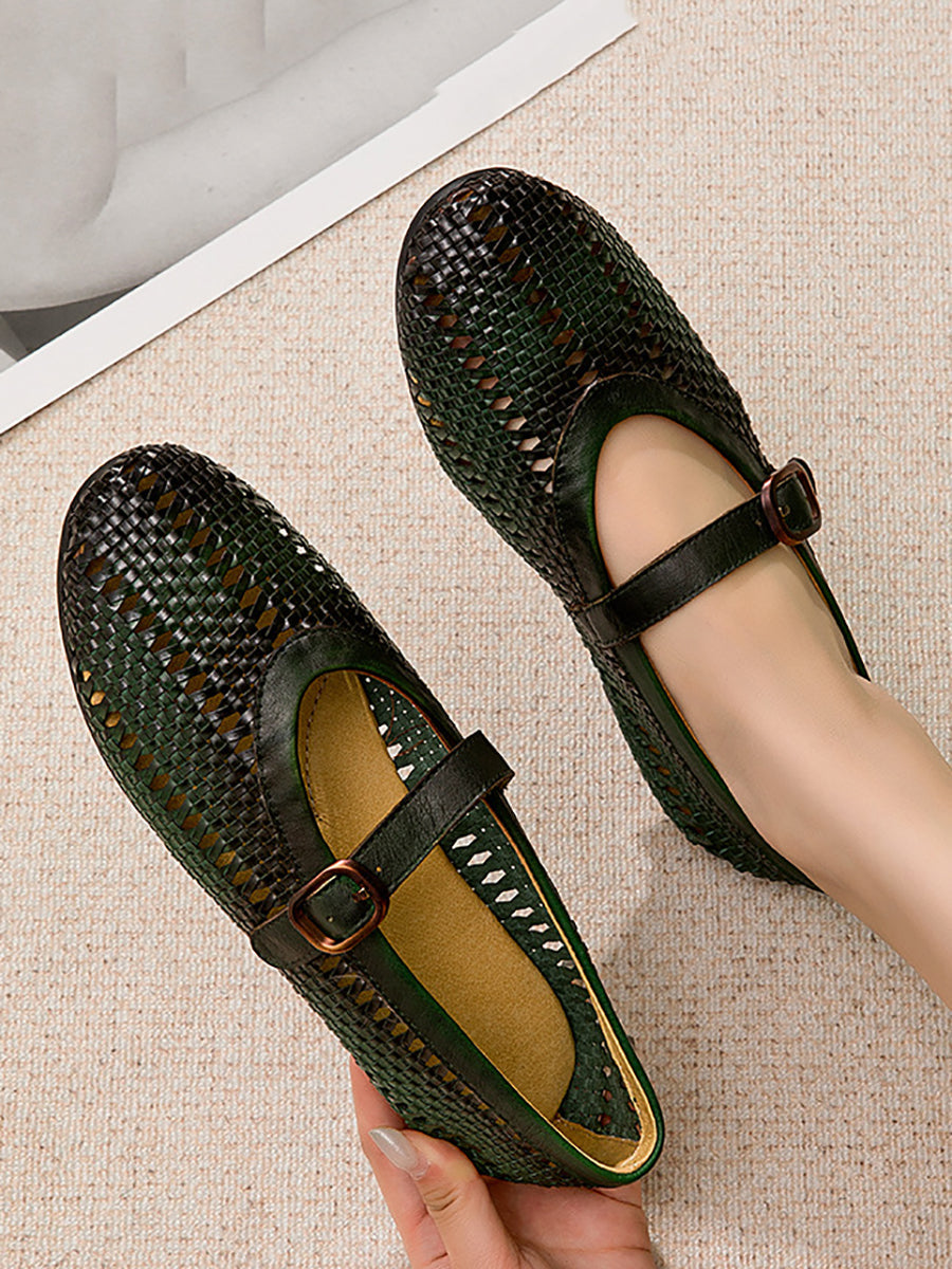 Women Vintage Leather Weave Low Heel Sandals