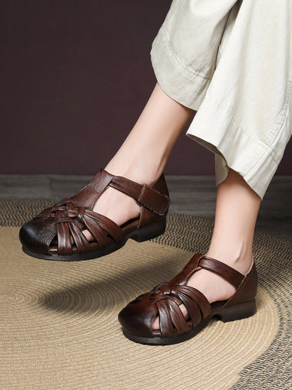Women Casual Summer Leather Weave Low Heel Shoes
