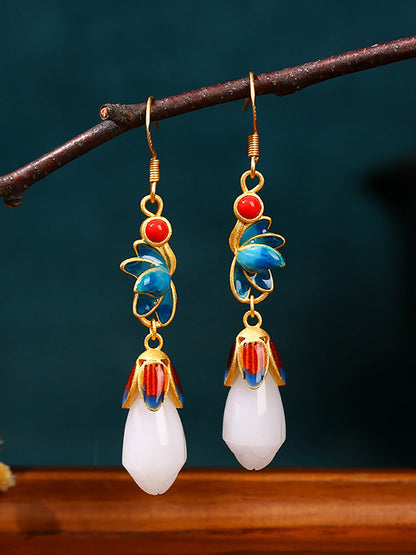 Women Vintage Flower Cloisonne Jade Mangnolia Silver Earrings