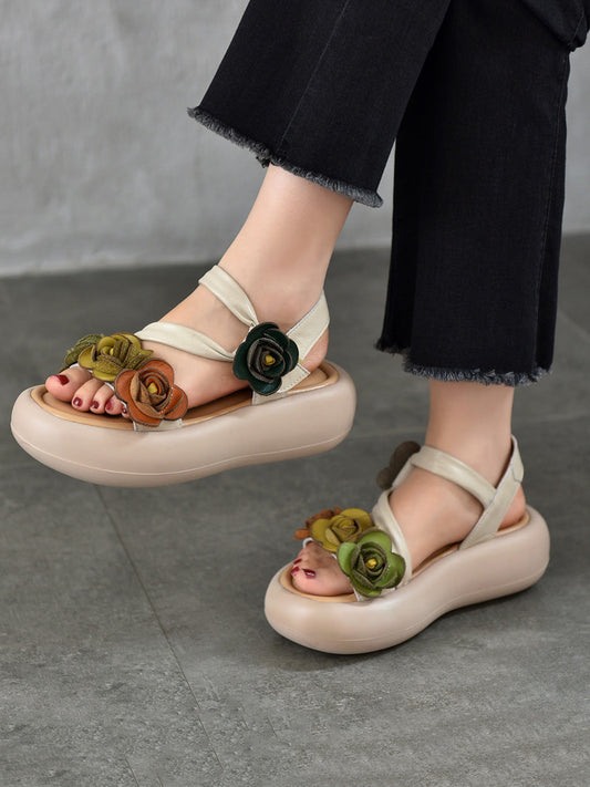 Women Vintage Leather FLower Platform Sandals