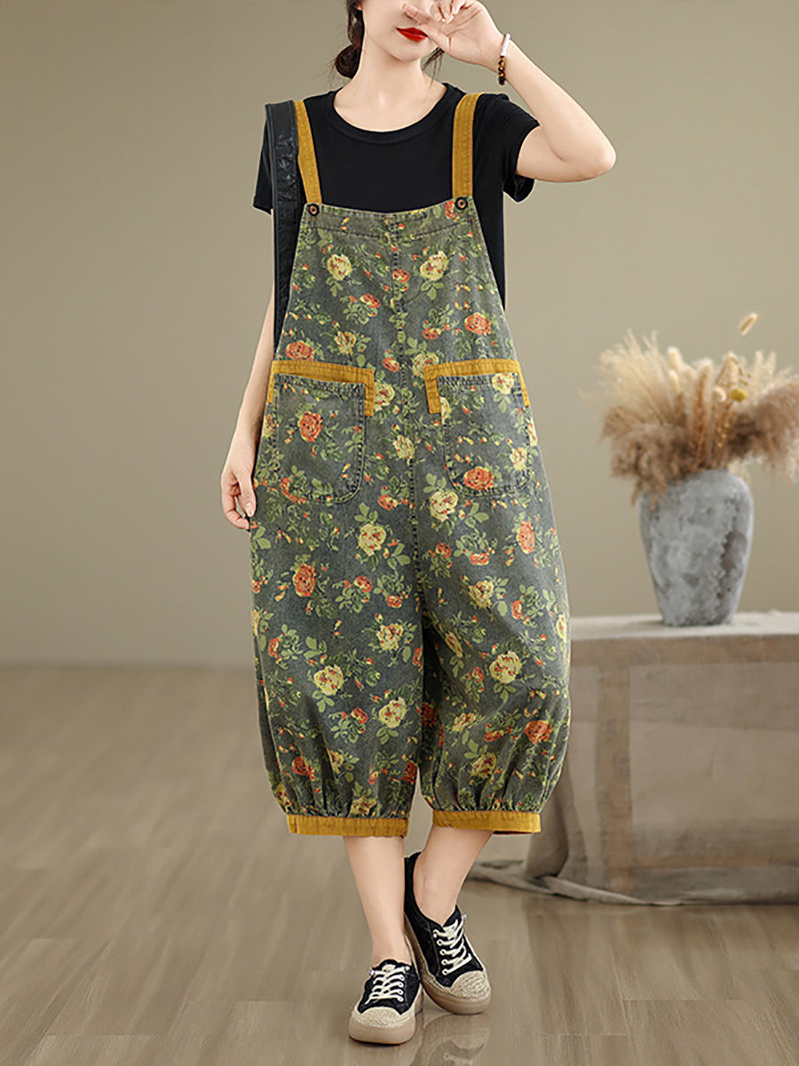 Women Summer Flower Denim Cropped Jumpsuits