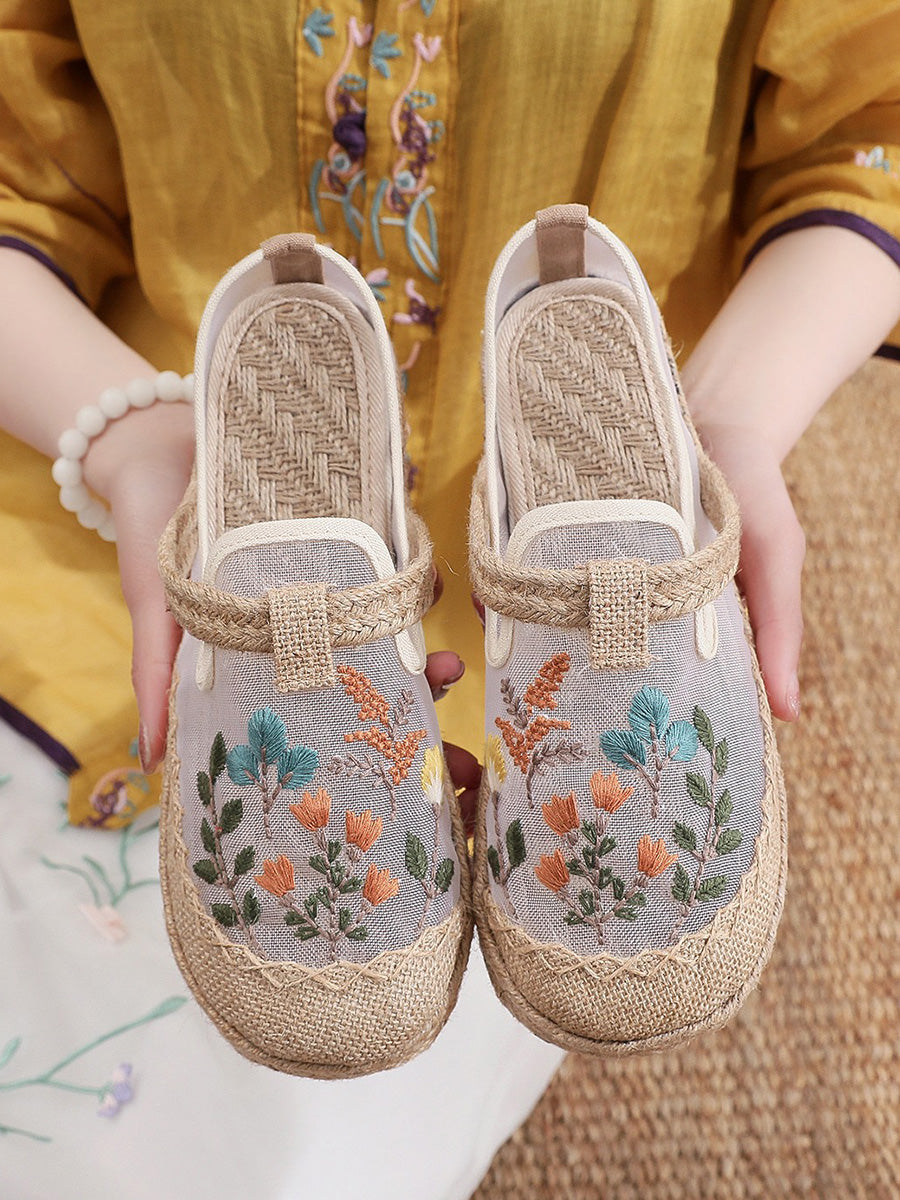 Women Ethnic Flower Embroidery Linen Shoes