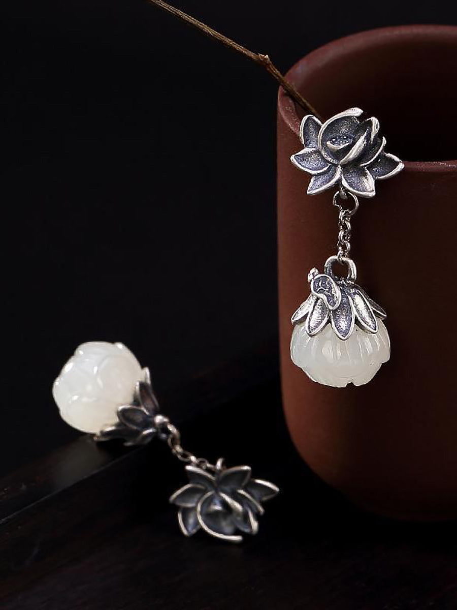 Women Vintage Allot Lotus Jade Earrings