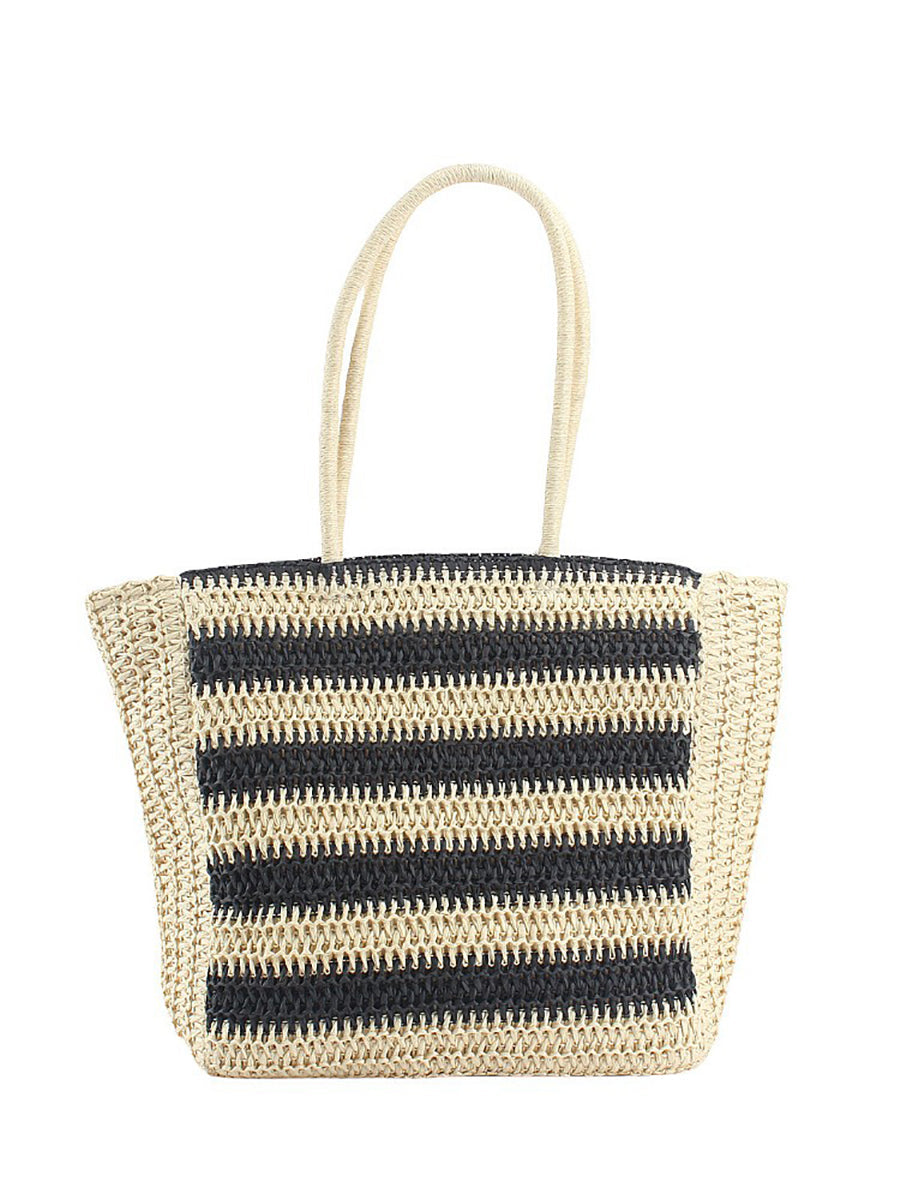 Women Fashion Colorblock Straw Weave Shoulder Bag