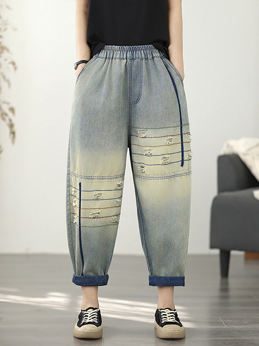 Women Retro Frayed Denim Harem Pants