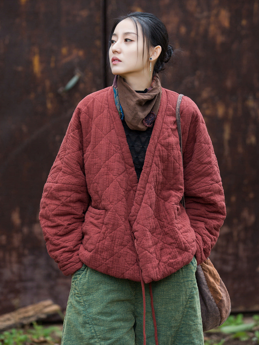 Women Winter Artsy Pure Color V-Neck Padded Coat