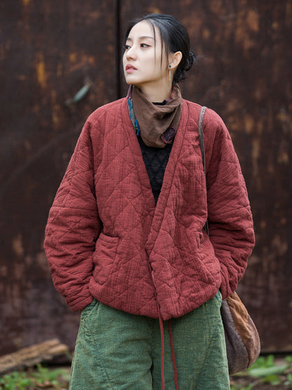 Women Winter Artsy Pure Color V-Neck Padded Coat