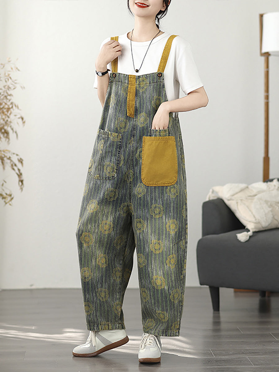 Women Summer Fashion Flower Stripe Denim Jumpsuits