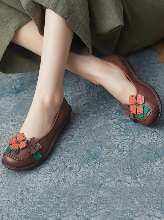 Women Spring Leather Flower Spliced Low Heel Shoes