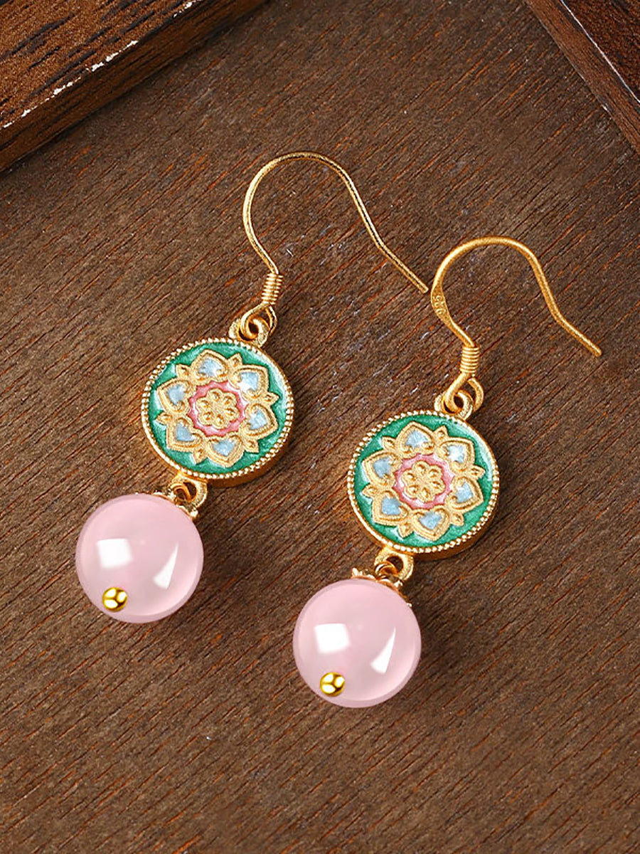 Women Ethnic Cloisonne Flower Jade Earrings