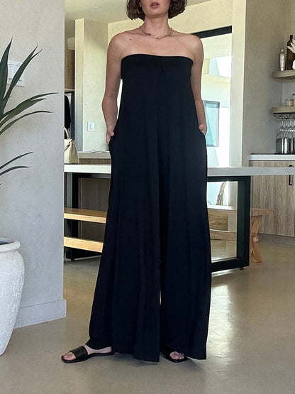 Sleeveless Wide Leg Elasticity Hollow Pleated Solid Color Tube Jumpsuits