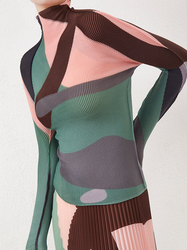 Long Sleeves Contrast Color Pleated Mock Neck T-Shirts Tops