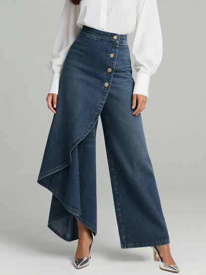 High Waisted Irregularity Buttoned Layered Pockets Solid Color Split-Joint Jean Pants Bottoms