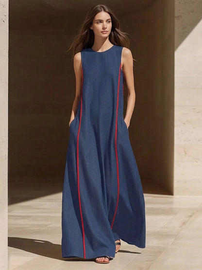 A-Line Loose Contrast Color Pockets Split-Joint Round-Neck Maxi Dresses