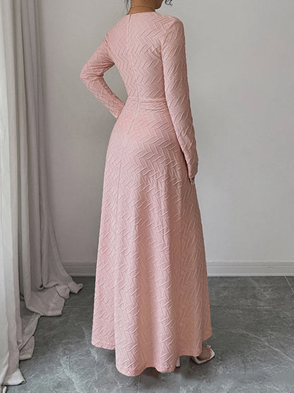High Waisted Long Sleeves Pleated Solid Color Deep V-Neck Maxi Dresses