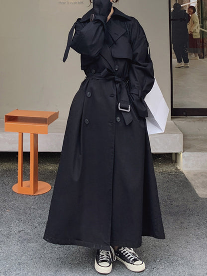 Long Sleeves Loose Buckle Buttoned Solid Color Split-Back Lapel Trench Coats