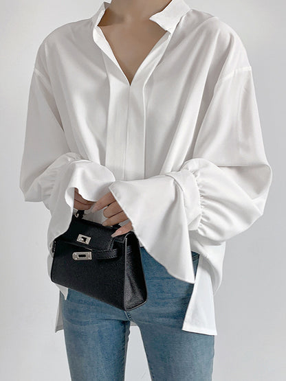 Flared Sleeves High-Low Buttoned Solid Color Split-Side V-Neck Blouses&Shirts Tops