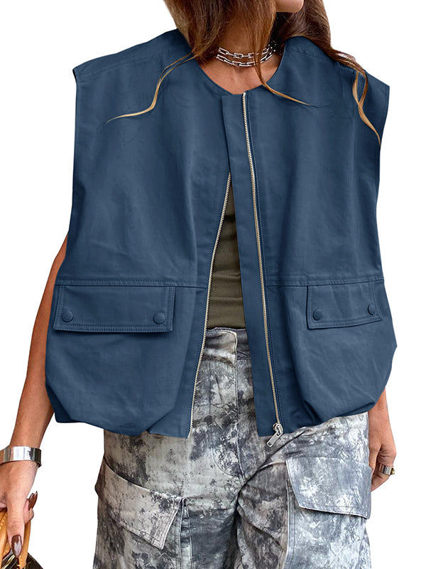 Loose Sleeveless Pockets Split-Joint Zipper Round-Neck Vest Outerwear