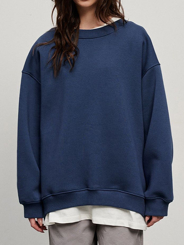 Long Sleeves Loose Solid Color Round-Neck Sweatshirt Tops