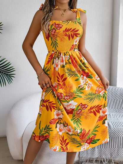 A-Line Loose Contrast Color Elasticity Flower Print Tied Spaghetti-Neck Midi Dresses