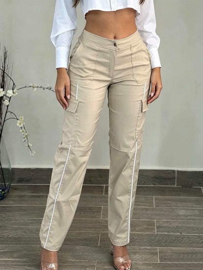 Pockets Contrast Color High Waisted Trousers Pants
