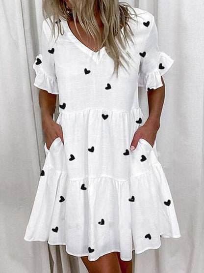 A-Line High Waisted Contrast Color Pleated Pockets Printed Split-Joint V-Neck Midi Dresses