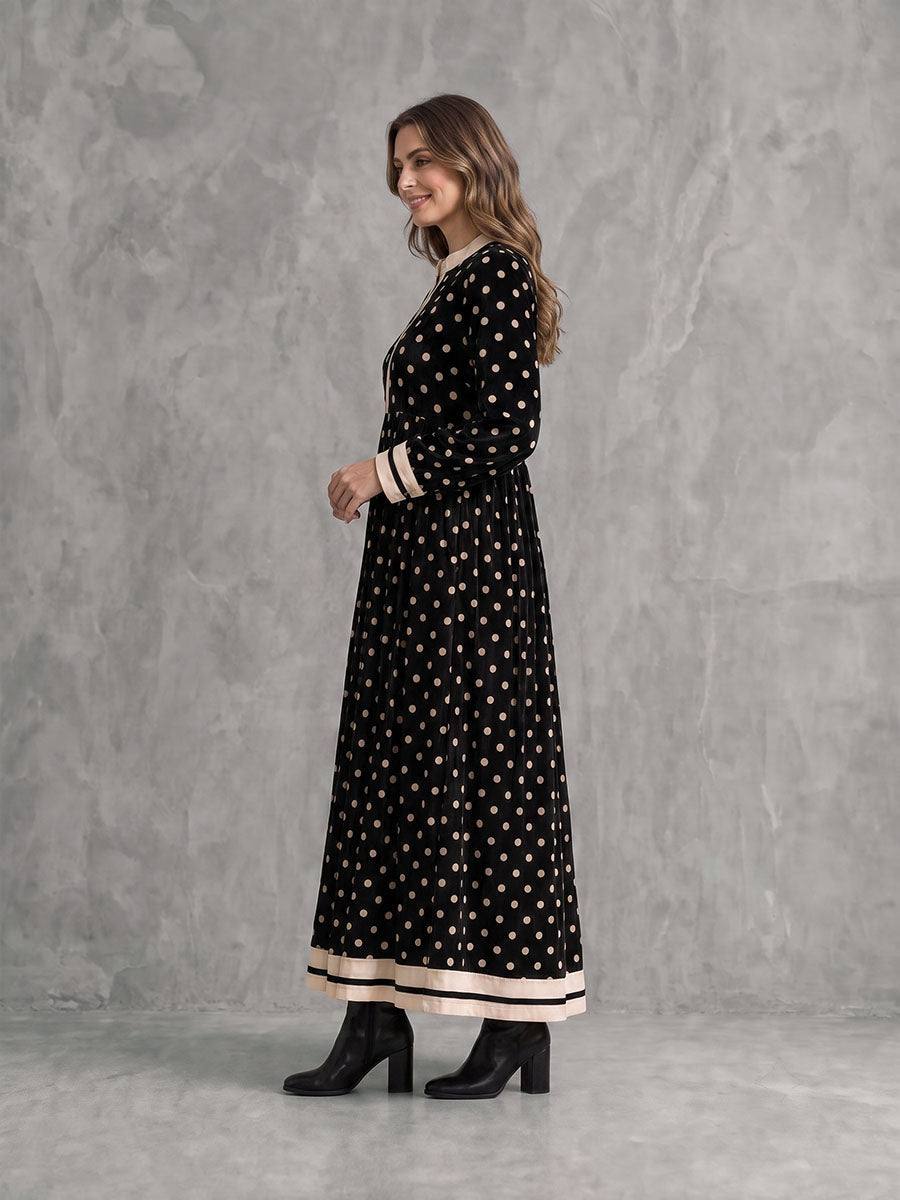 Zipper Split-Joint Polka-Dot Pockets Contrast Color Buttoned Loose Long Sleeves Round-neck Maxi Dresses