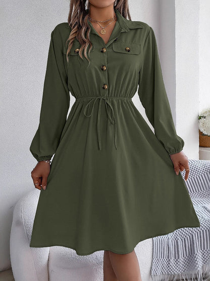 A-line Long Sleeves Buttoned Pleated Solid Color Tied Lapel Midi Dresses Shirt Dress