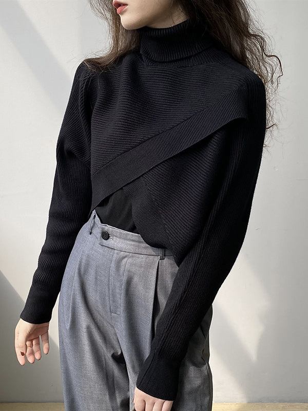 Long Sleeves Asymmetric Solid Color Split-Front High-Neck Knitwear Pullovers Sweater