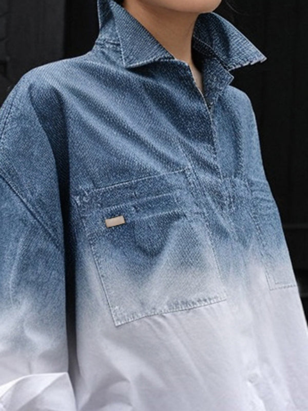 High-Low Loose Gradient Printed Split-Joint Split-Side Lapel Blouses&Shirts Tops