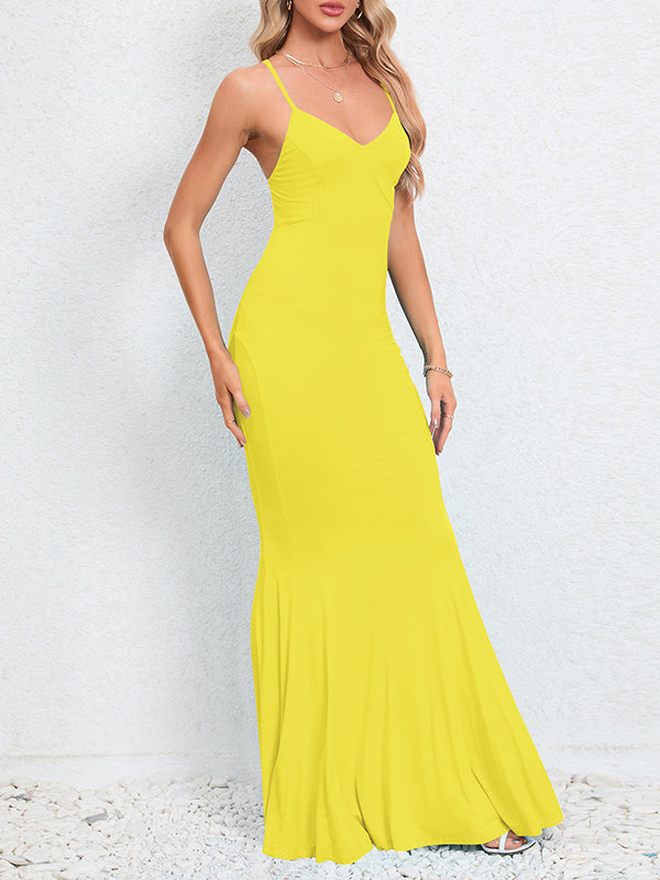 Bodycon Mermaid Solid Color Split-Joint Spaghetti-Neck Maxi Dresses