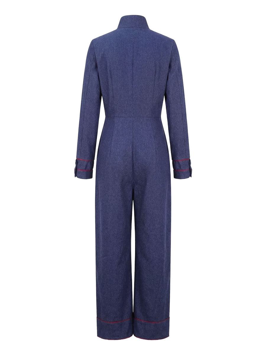 Long Sleeves Wide Leg Zipper Stand Collar Jumpsuits