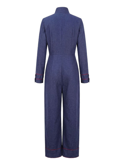 Long Sleeves Wide Leg Zipper Stand Collar Jumpsuits