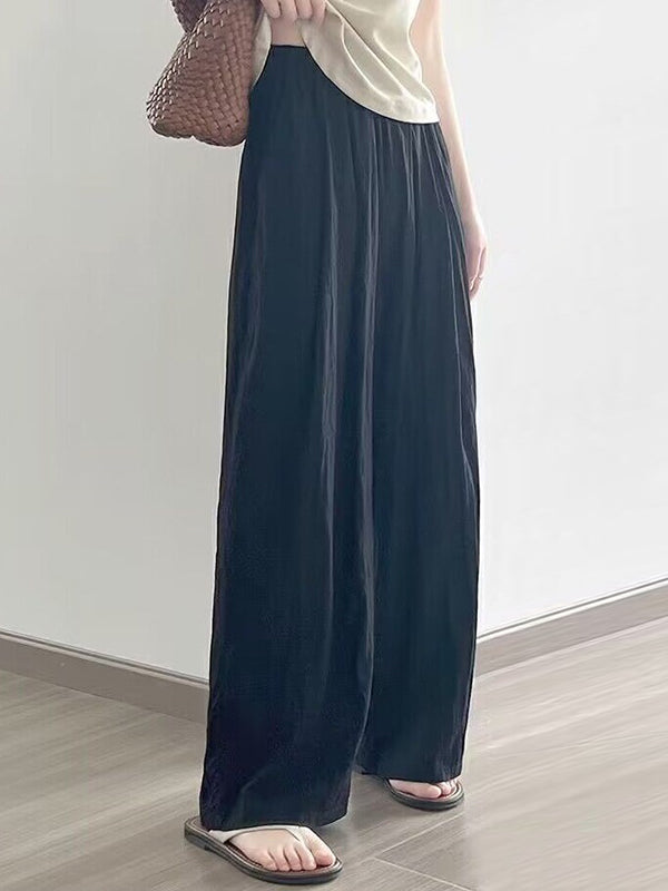 High Waisted Loose Elasticity Pleated Pockets Solid Color Pants Trousers