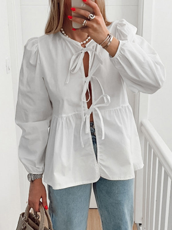 Long Sleeves Loose Elasticity Solid Color Split-Joint Tied Round-Neck Blouses&Shirts Tops